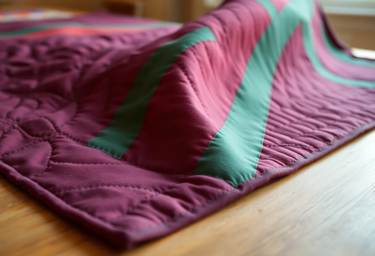 Close view of a quilt made of plain solid plum, rose and green fabrics, the plain areas covered in quilting lines, lying on a wooden table