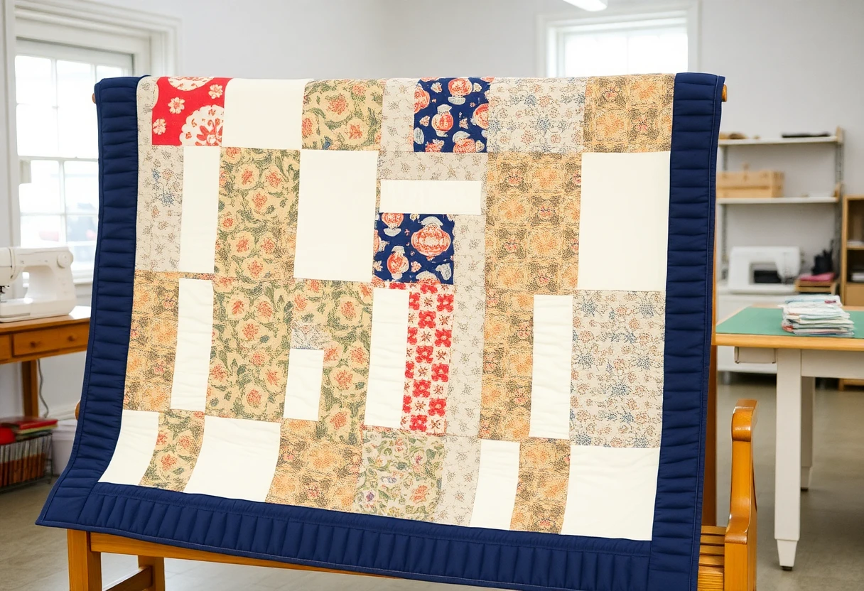 A scrappy quilt of floral print squares and plain cream rectangles with a navy border, hung over a wooden rack in a sewing room with a cutting table