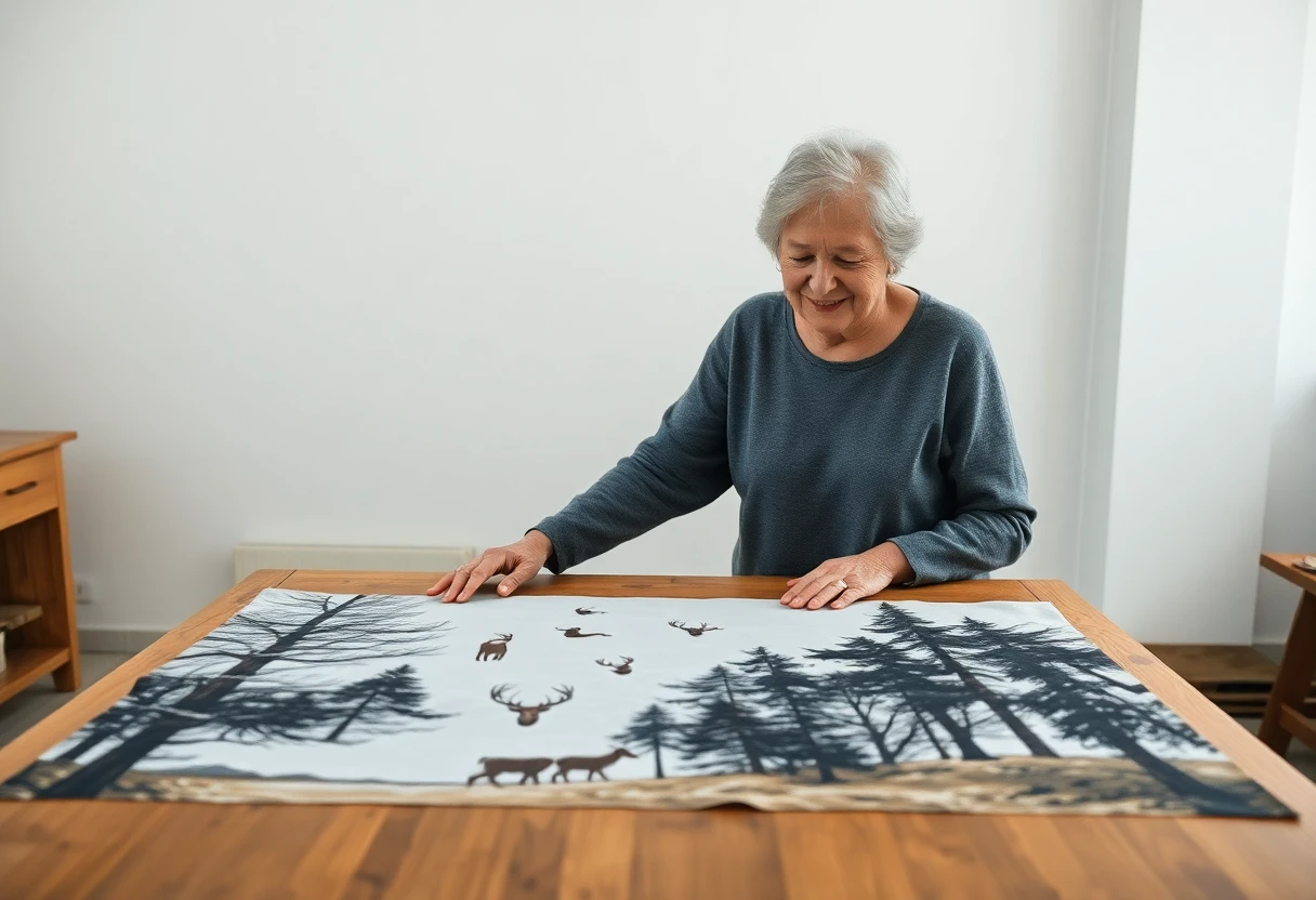 A gray-haired woman smiling as she smooths a large printed woodland panel of pine trees and deer across a wooden table
