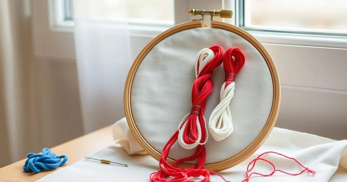 A wooden embroidery hoop holding plain cream fabric, with red and white skeins of floss on top and a needle and blue thread beside it.