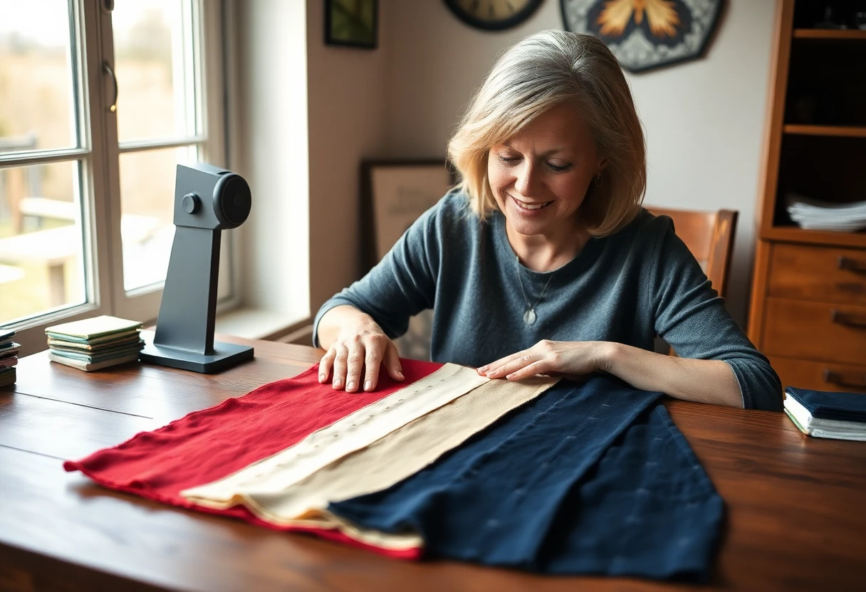 A smiling woman at a wooden table by a window, smoothing red, cream and navy fabric strips laid side by side
