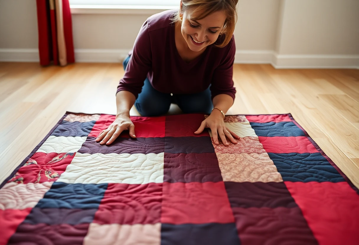 A smiling woman kneeling on a wooden floor, smoothing a quilted red, navy and cream patchwork quilt flat with both hands