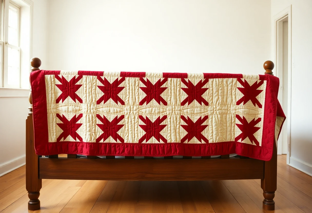 A red and cream star quilt with a red border draped over the foot rail of a wooden bed in a sunny room