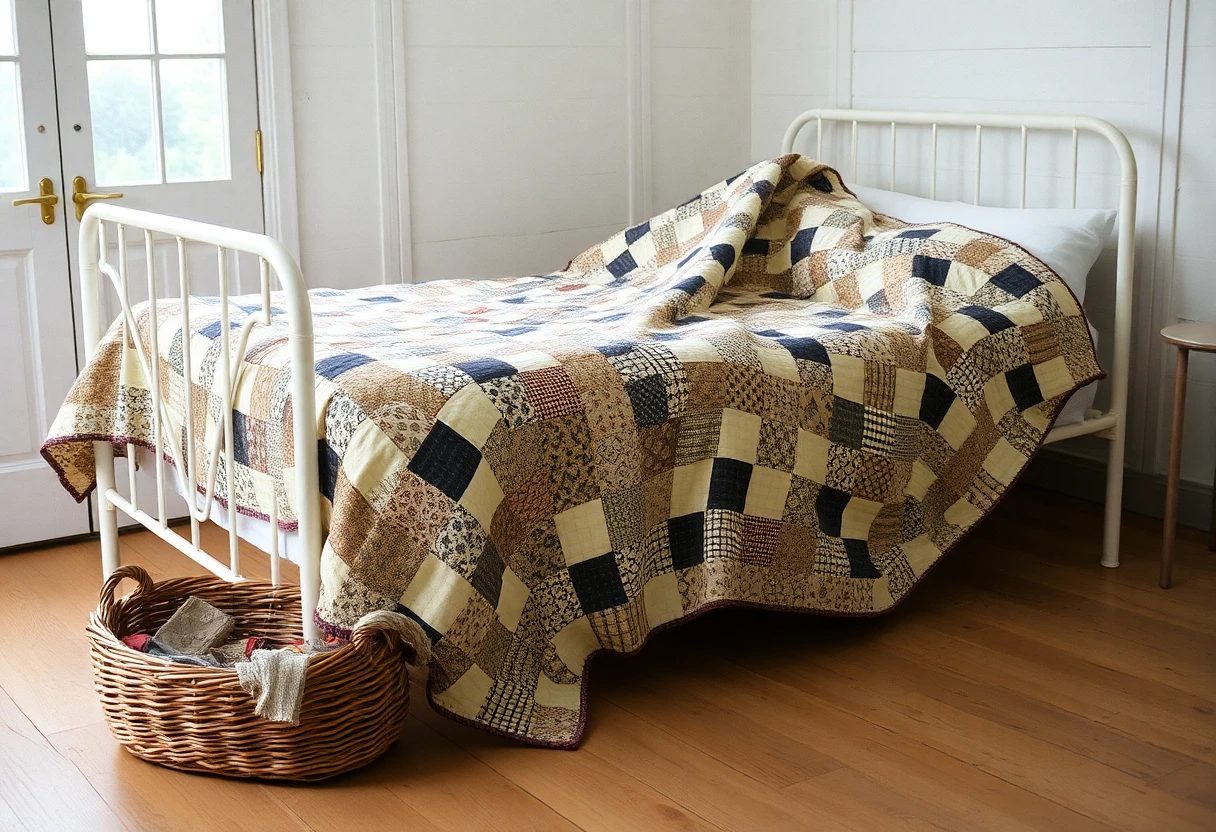 A scrappy patchwork quilt of small brown, tan, cream and navy print squares on a white iron bed, with a basket of fabric scraps on the floor