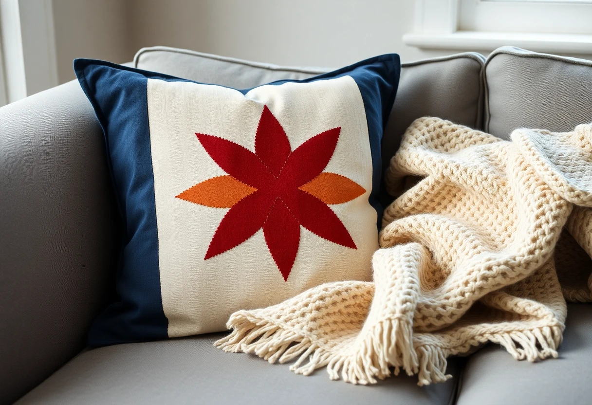 A square throw pillow with a red and orange star on a cream center and navy side panels, on a gray sofa beside a cream knit blanket