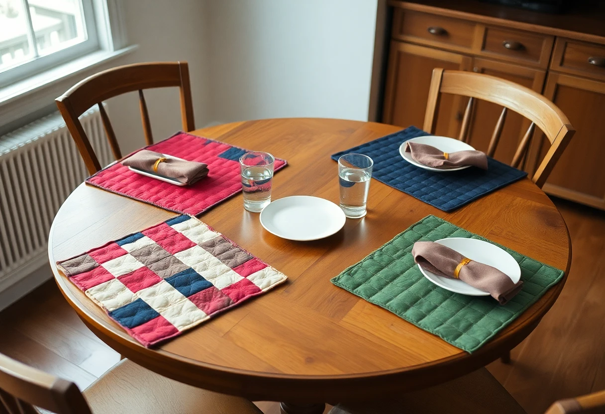 A round wooden kitchen table set with four quilted placemats in red, navy, green and patchwork, with white plates, folded napkins and glasses of water