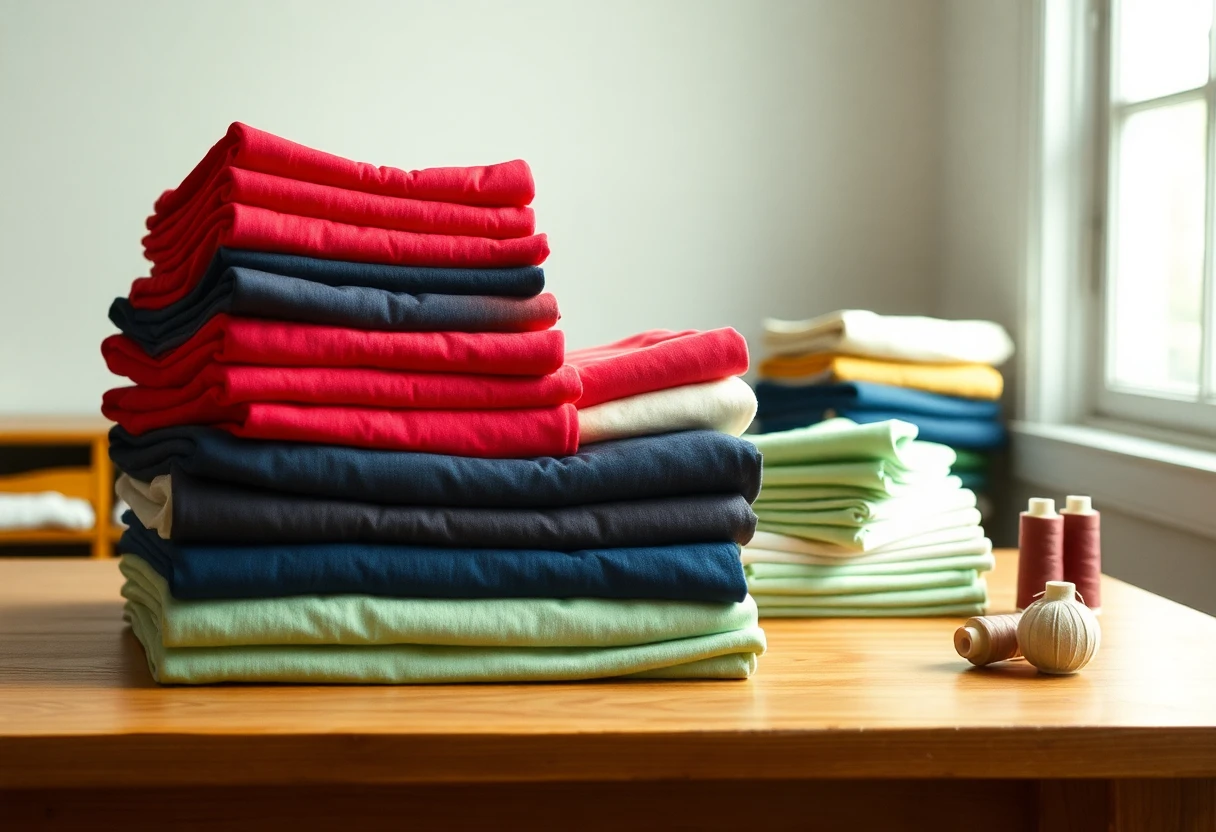 Stacks of folded red, navy, cream and green quilting cotton with spools of thread on a wooden worktable