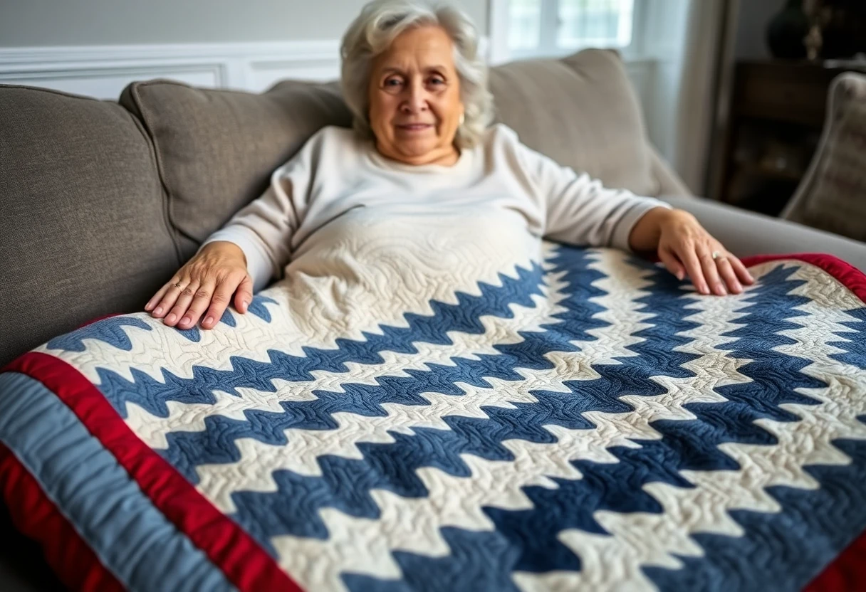 A smiling older woman on a gray sofa with a navy and cream zigzag quilt with a red border spread across her lap, her hands resting on it