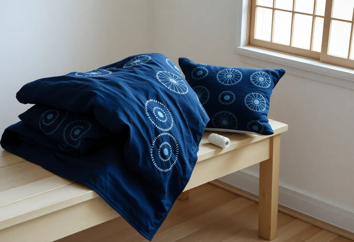 A folded indigo quilt and an indigo cushion on a pale wooden bench, stitched with white running-stitch circle motifs, beside a spool of white thread