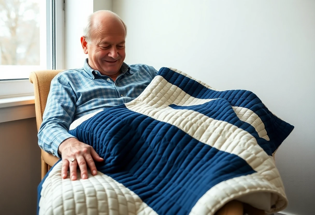 An older man in an armchair by a window, smiling down at a navy and cream quilt with straight-line quilting across his lap